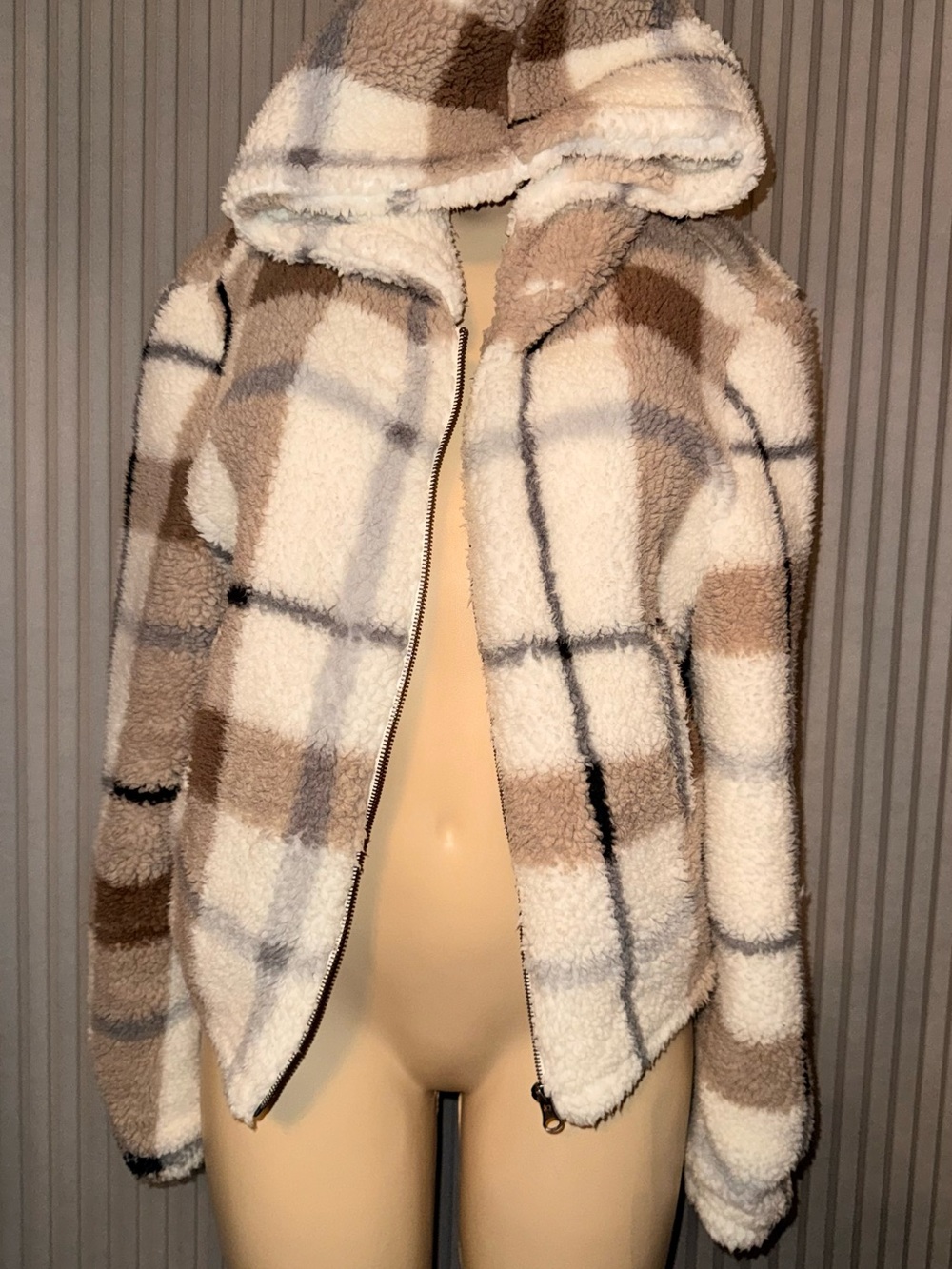 Reflex Plaid Sherpa Zip Hoodie Jacket - Cream, Brown & Gray